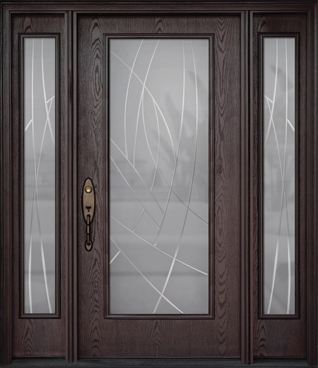 #007_Mahogany Flush Door with two panel sidelites Alys glass