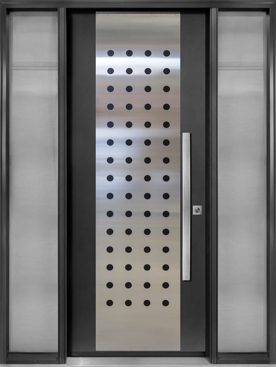 #083_Smooth Door with Stainless Steel Design and fully glazed Sidelites