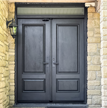 Fiberglass colonial style double door with transom and multi-lock system.